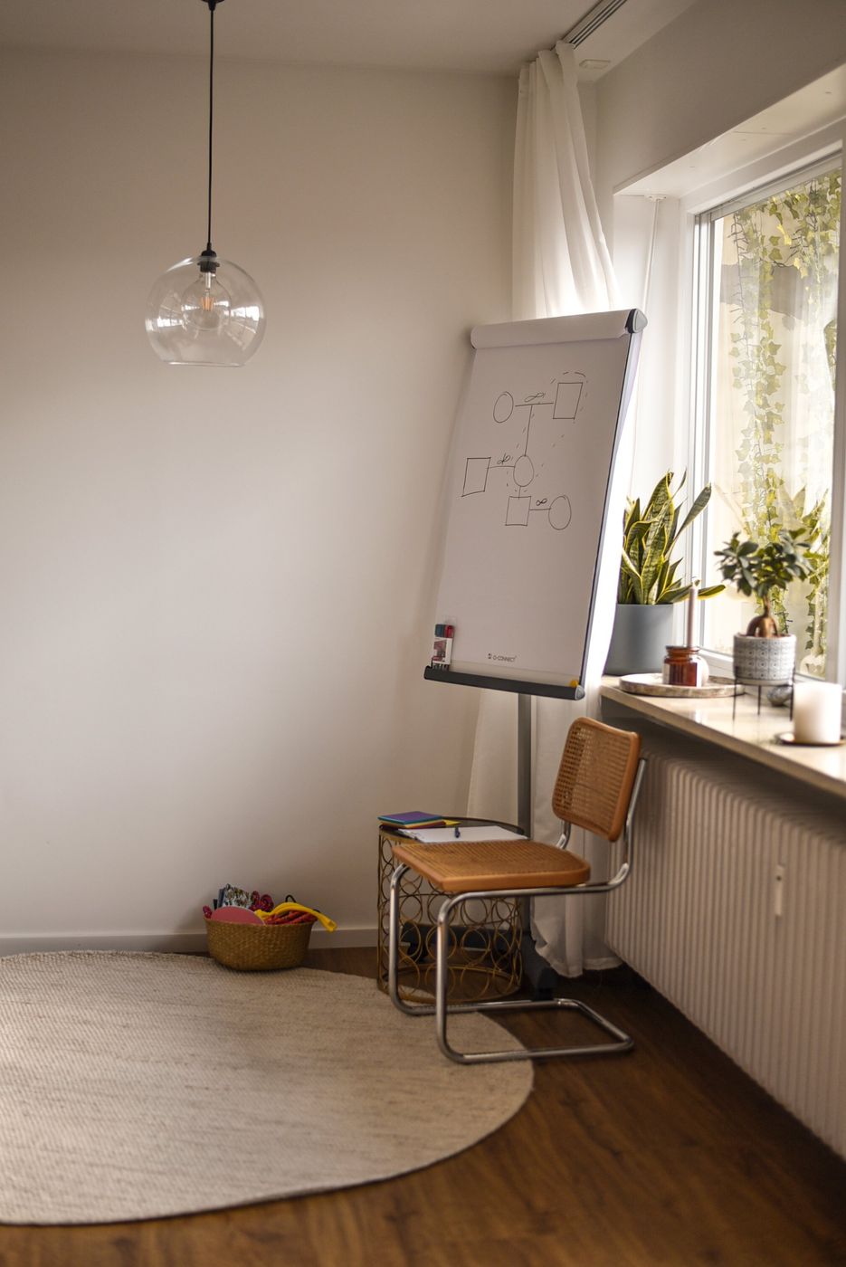 Praxisraum mit Flipchart, Stuhl und Pflanzen am Fenster